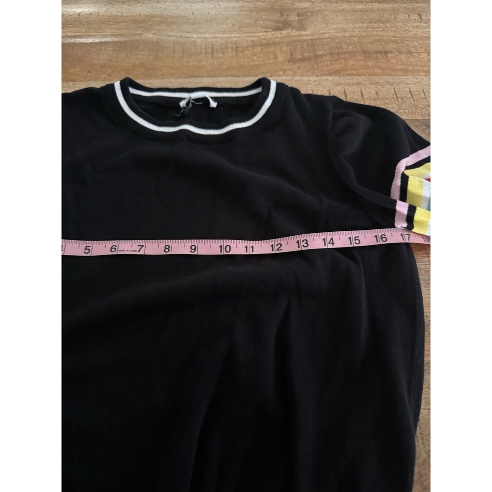 THML Black Knit Sweater Top Rainbow Stripe Sleeve Cuffs Women's Small Preppy - Picture 8 of 9
